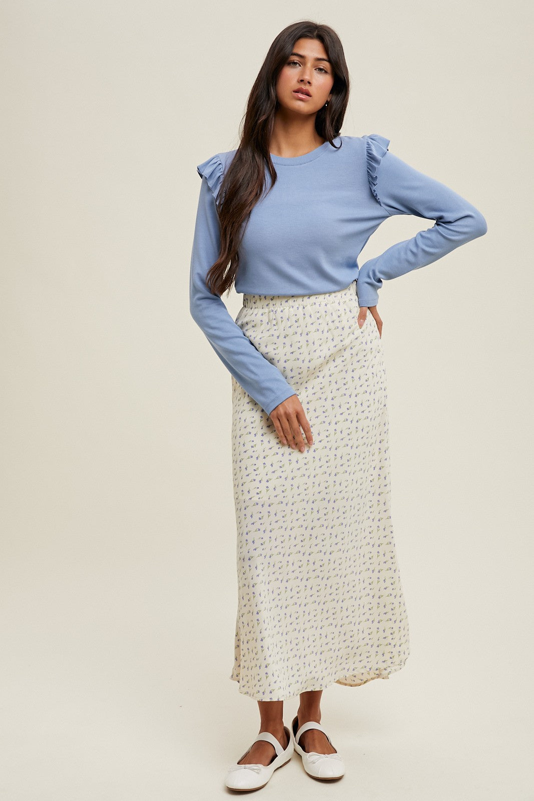 Blue Ribbed Knit Ruffle Detail Long Sleeve Top