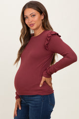 Burgundy Ribbed Knit Ruffle Detail Maternity Long Sleeve Top