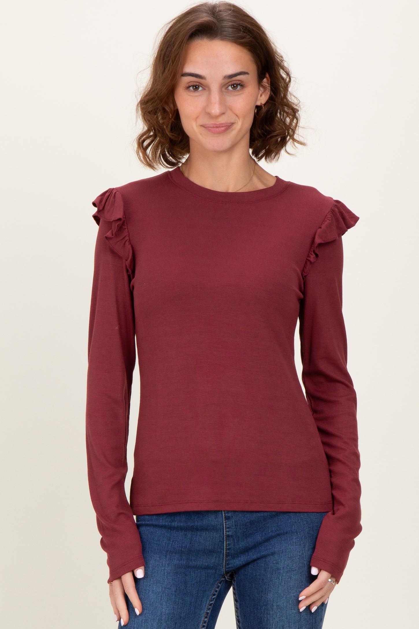 Burgundy Ribbed Knit Ruffle Detail Long Sleeve Top