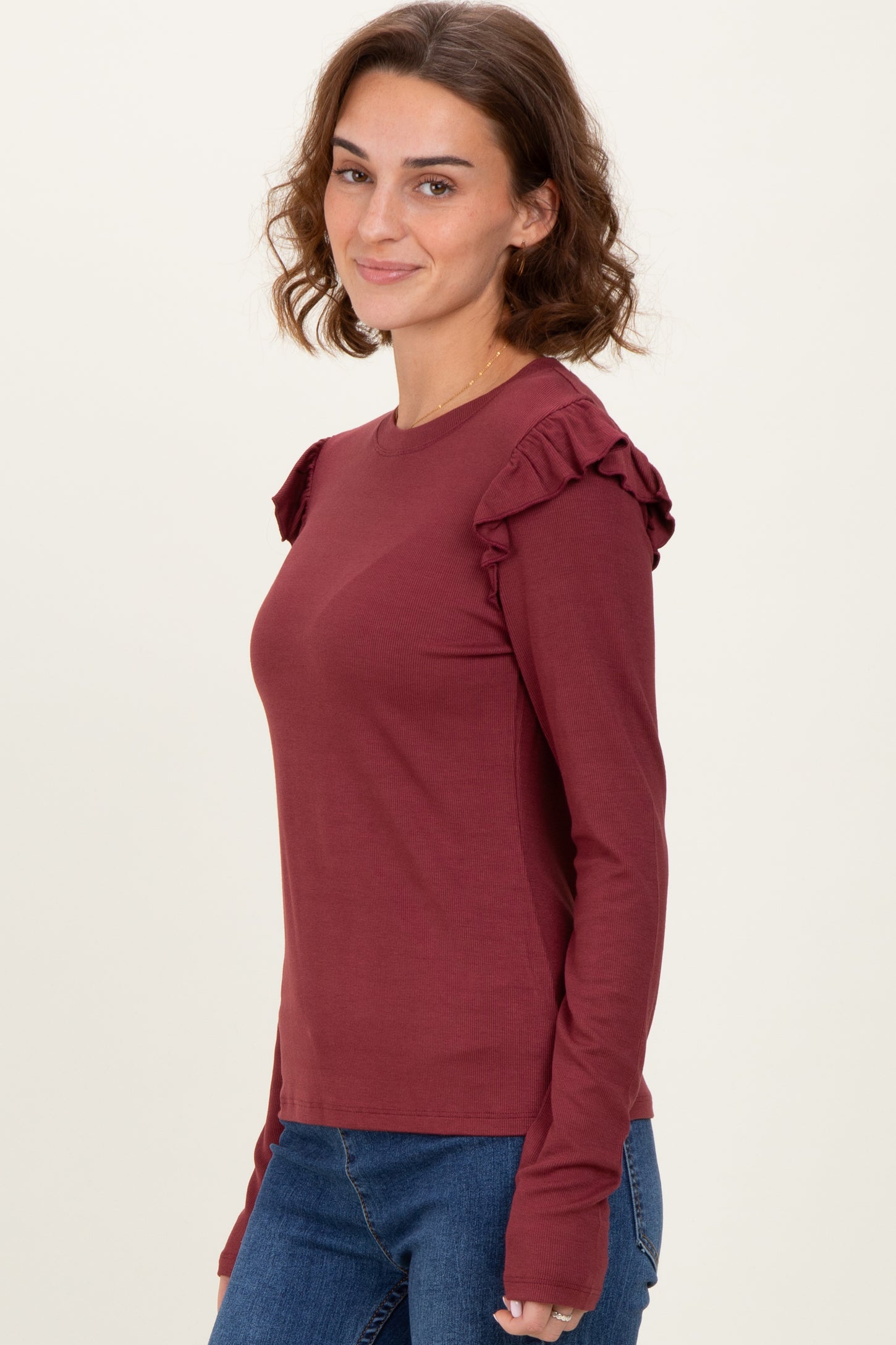 Burgundy Ribbed Knit Ruffle Detail Long Sleeve Top