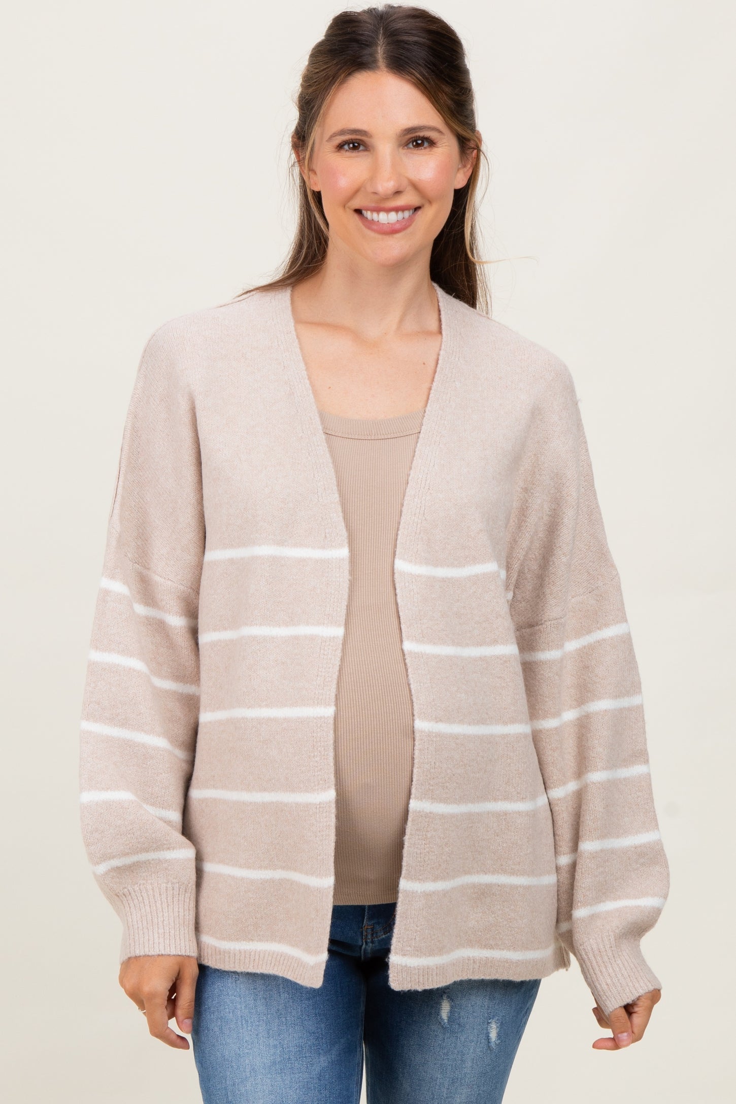 Taupe Striped Oversized Maternity Cardigan