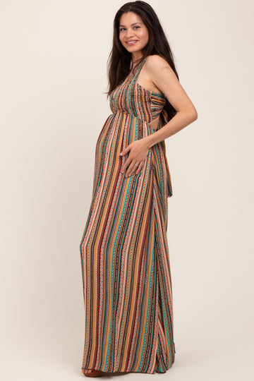 Multicolor Printed Halter Tie Back Cutout Maternity Maxi Dress