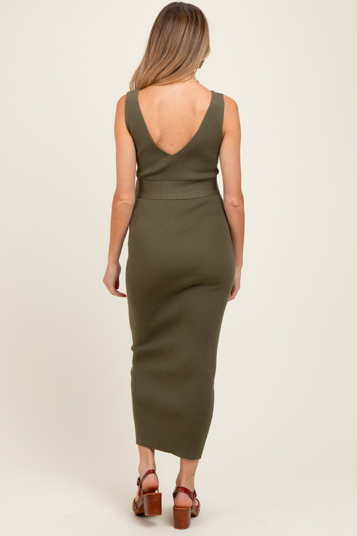 Olive Sleeveless Ribbed Belted Midi Maternity Dress