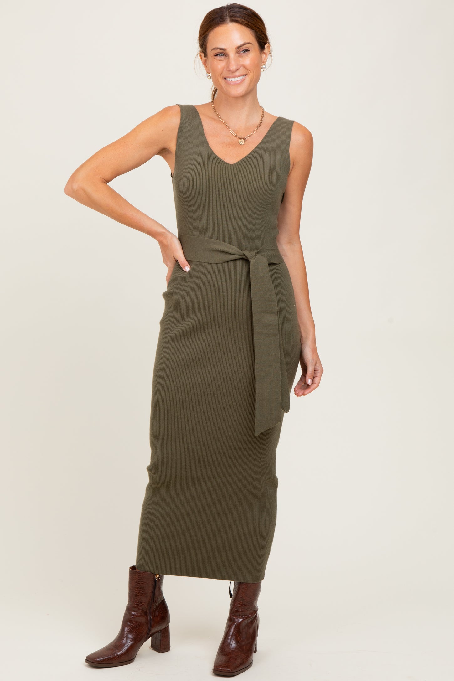 Olive Sleeveless Ribbed Belted Midi Maternity Dress