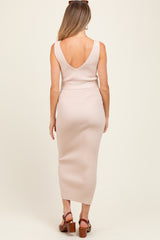 Beige Sleeveless Ribbed Belted Midi Maternity Dress
