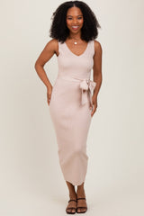 Beige Sleeveless Ribbed Belted Midi Maternity Dress