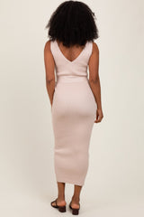Beige Sleeveless Ribbed Belted Midi Maternity Dress