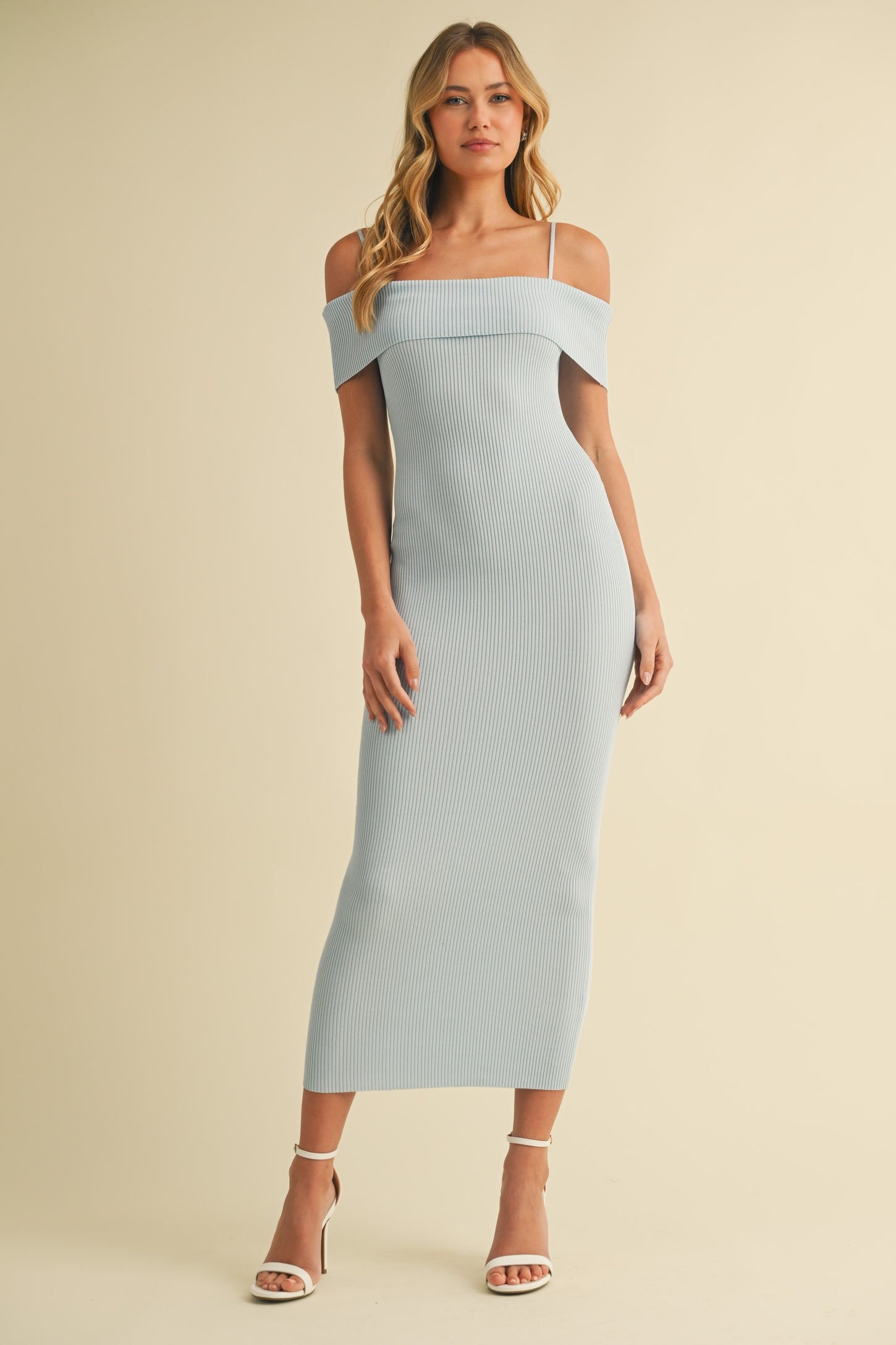 Light Blue Rib Knit Off Shoulder Fitted Midi Dress – PinkBlush