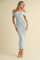 Light Blue Rib Knit Off Shoulder Fitted Midi Dress