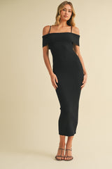Black Rib Knit Off Shoulder Fitted Maternity Midi Dress