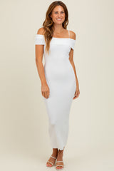 Ivory Rib Knit Off Shoulder Fitted Midi Dress