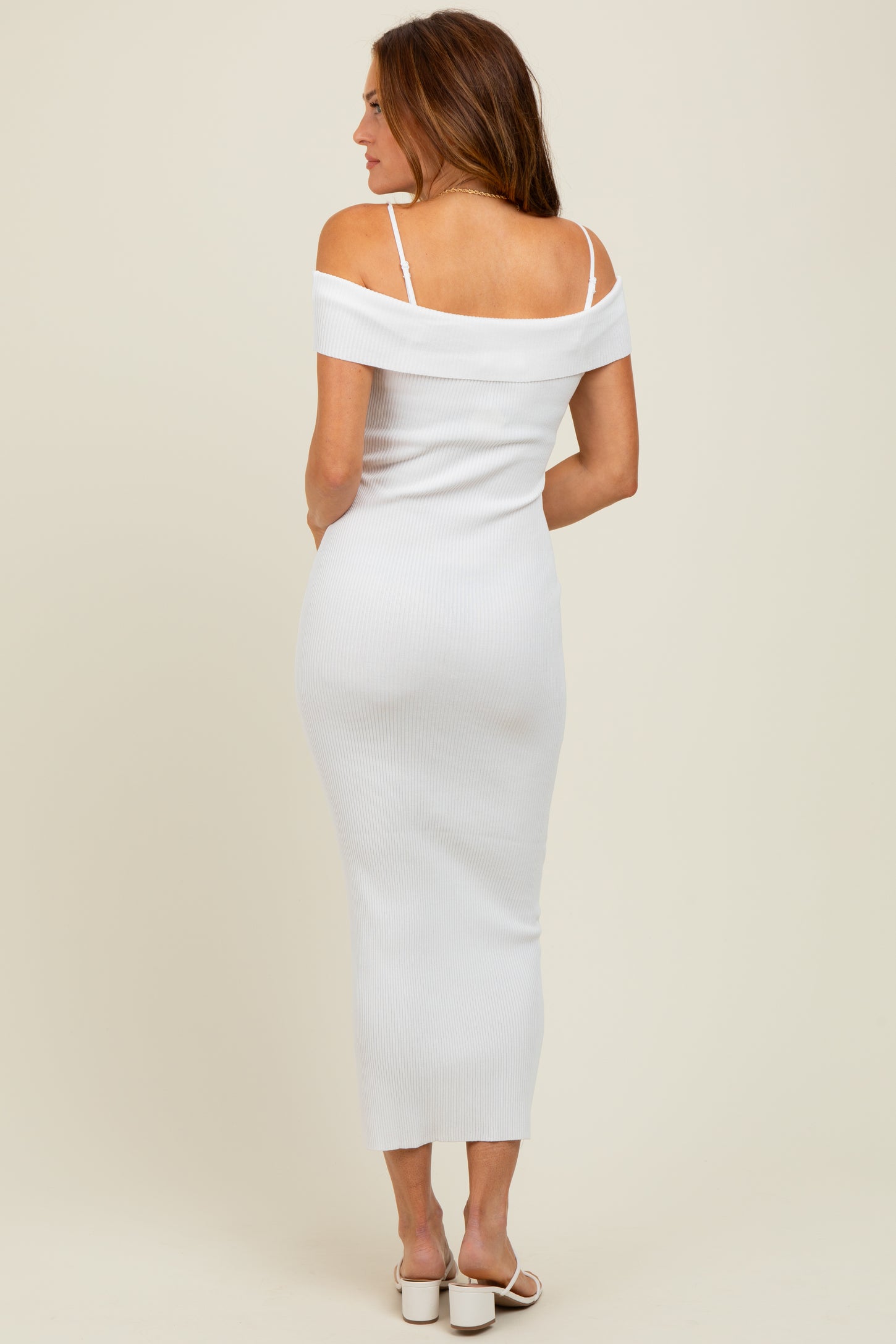 Ivory Rib Knit Off Shoulder Fitted Midi Dress