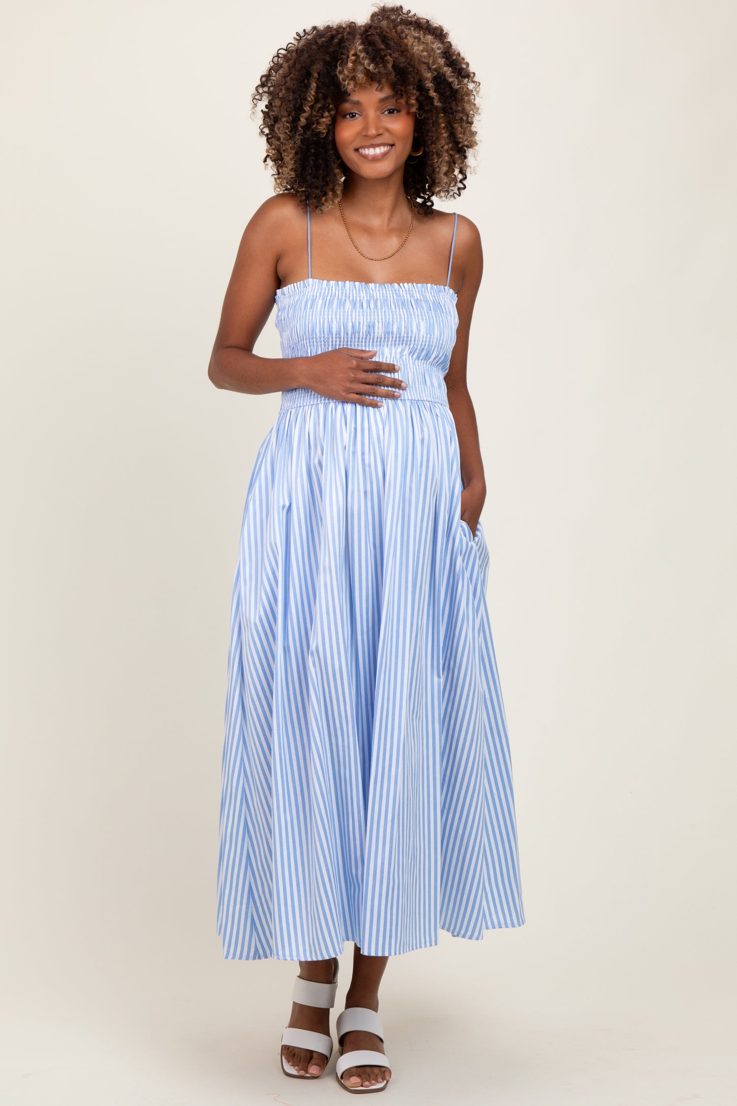 Blue Striped Smocked Maternity Midi Dress