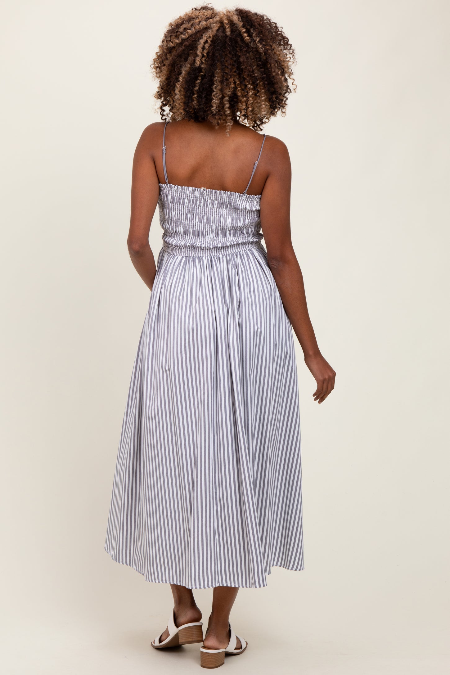 Black Striped Smocked Maternity Midi Dress