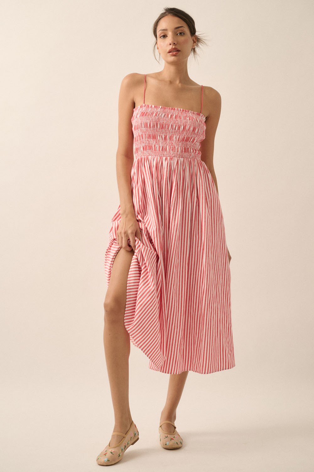 knee length dresses for ladies Red Striped Smocked Midi Dress