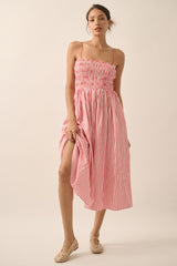 Red Striped Smocked Midi Dress