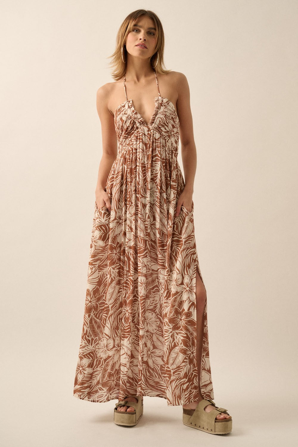 Taupe Floral Ruched V-Neck Halter Maxi Dress