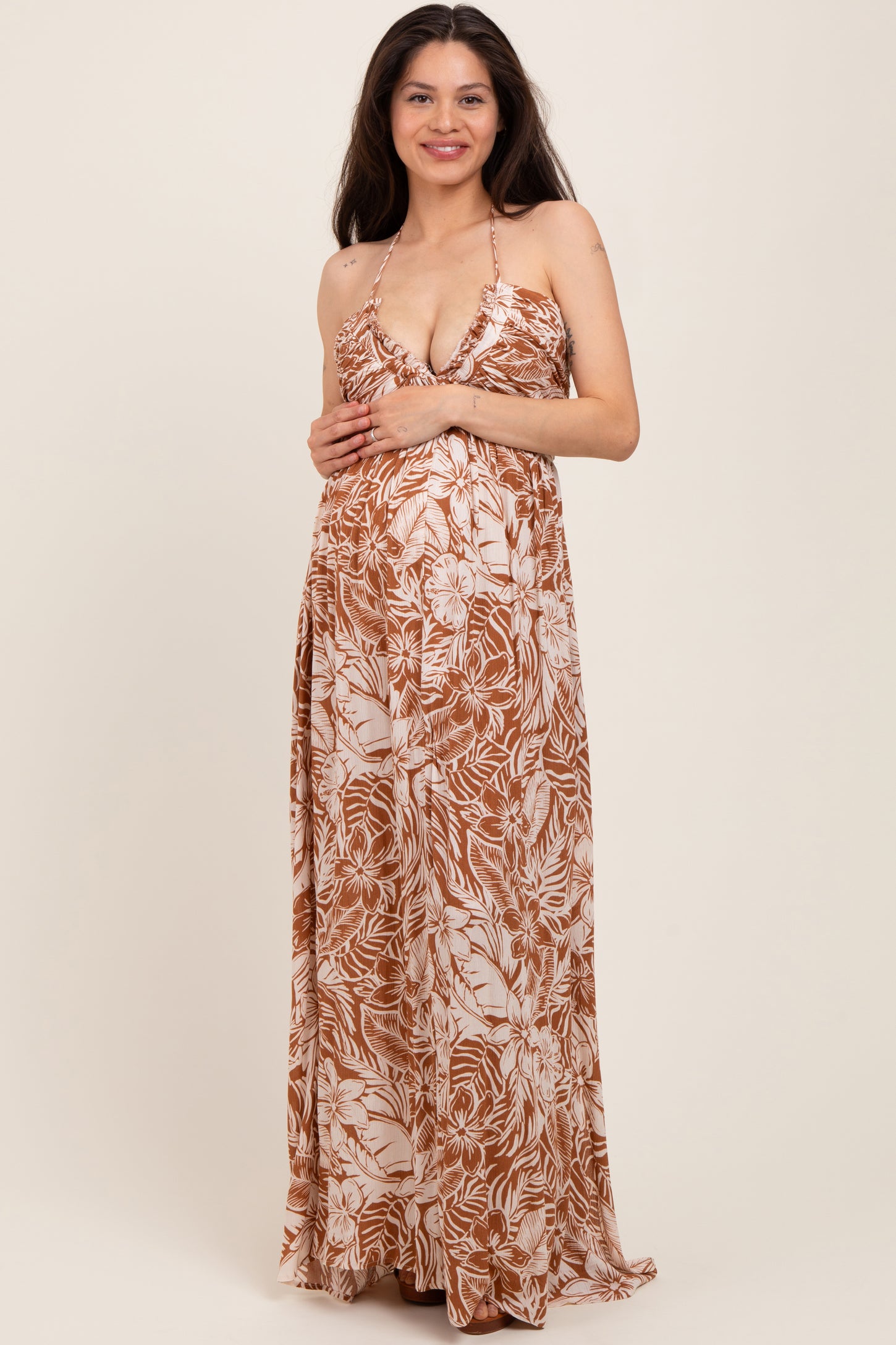 Taupe Floral Ruched V-Neck Halter Maternity Maxi Dress PinkBlush Taupe Floral Ruched V-Neck Halter Maternity Maxi Dress PinkBlush