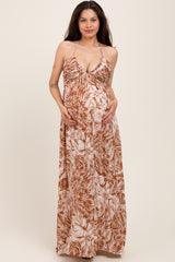 Taupe Floral Ruched V-Neck Halter Maternity Maxi Dress