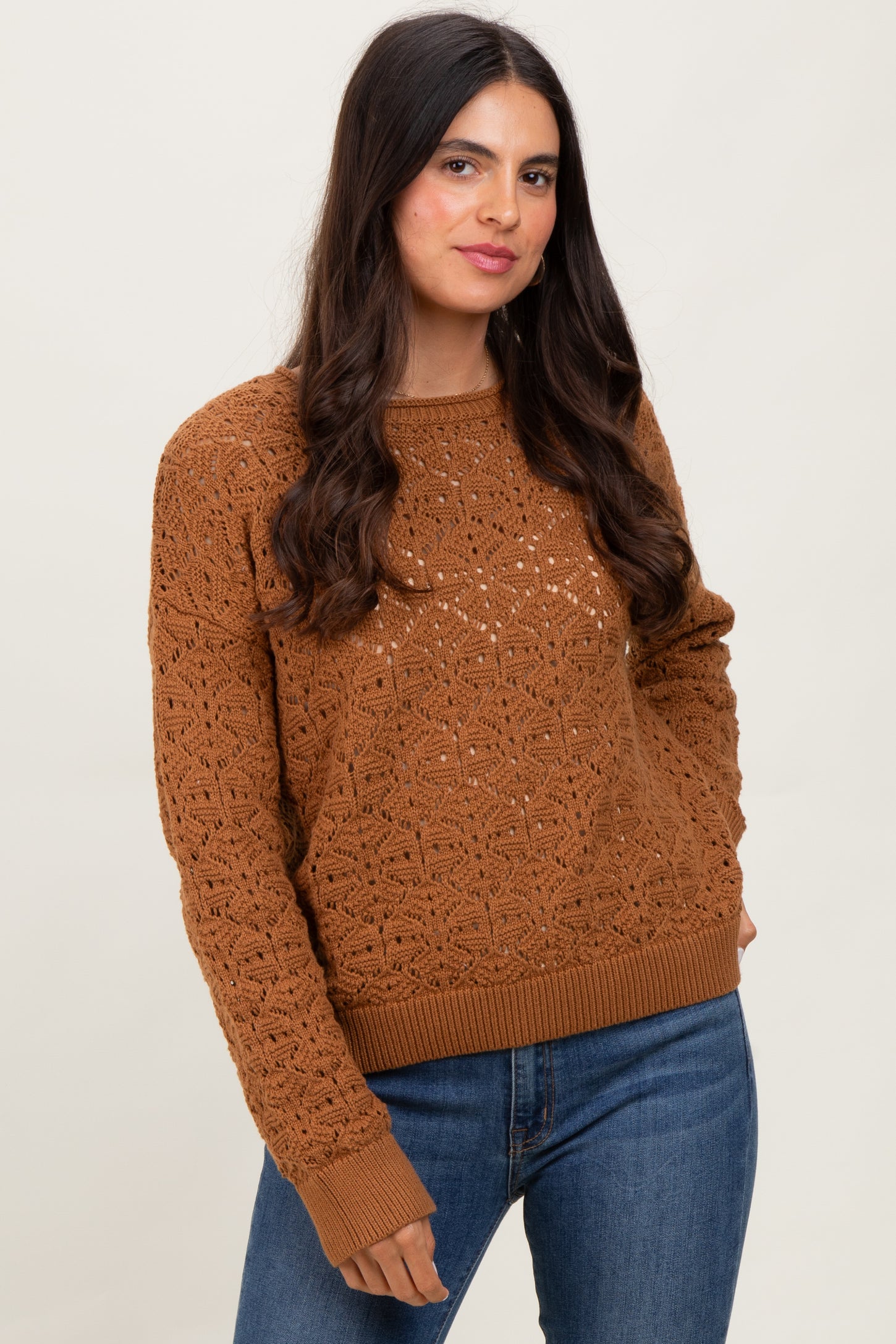 Camel Crochet Knit Drop Shoulder Sweater