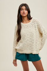 Cream Crochet Knit Drop Shoulder Sweater