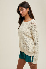 Cream Crochet Knit Drop Shoulder Sweater