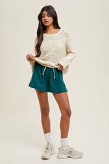 Cream Crochet Knit Drop Shoulder Sweater