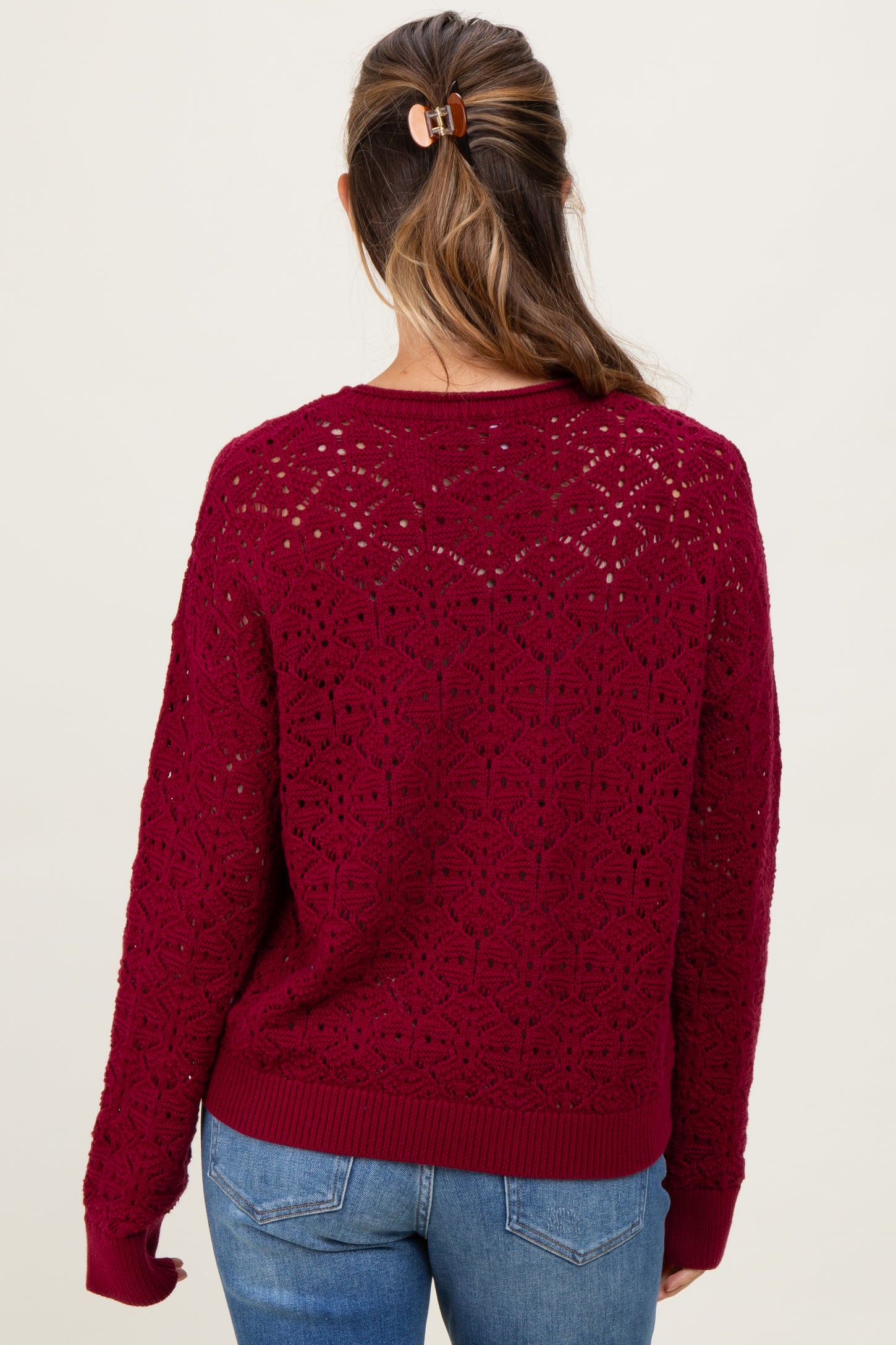 Burgundy Crochet Knit Drop Shoulder Maternity Sweater