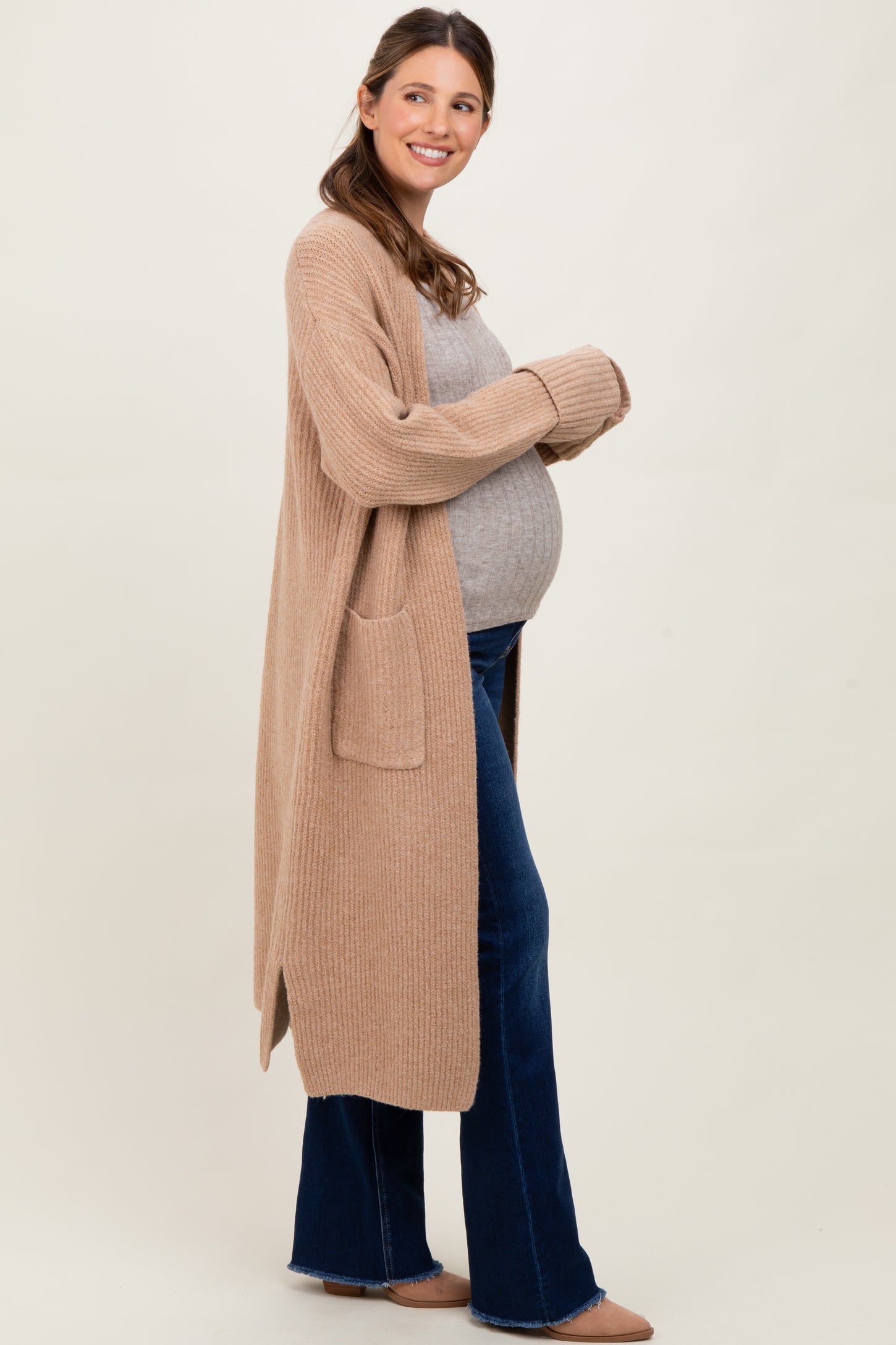Camel Ribbed Chunky Knit Long Oversized Maternity Cardigan