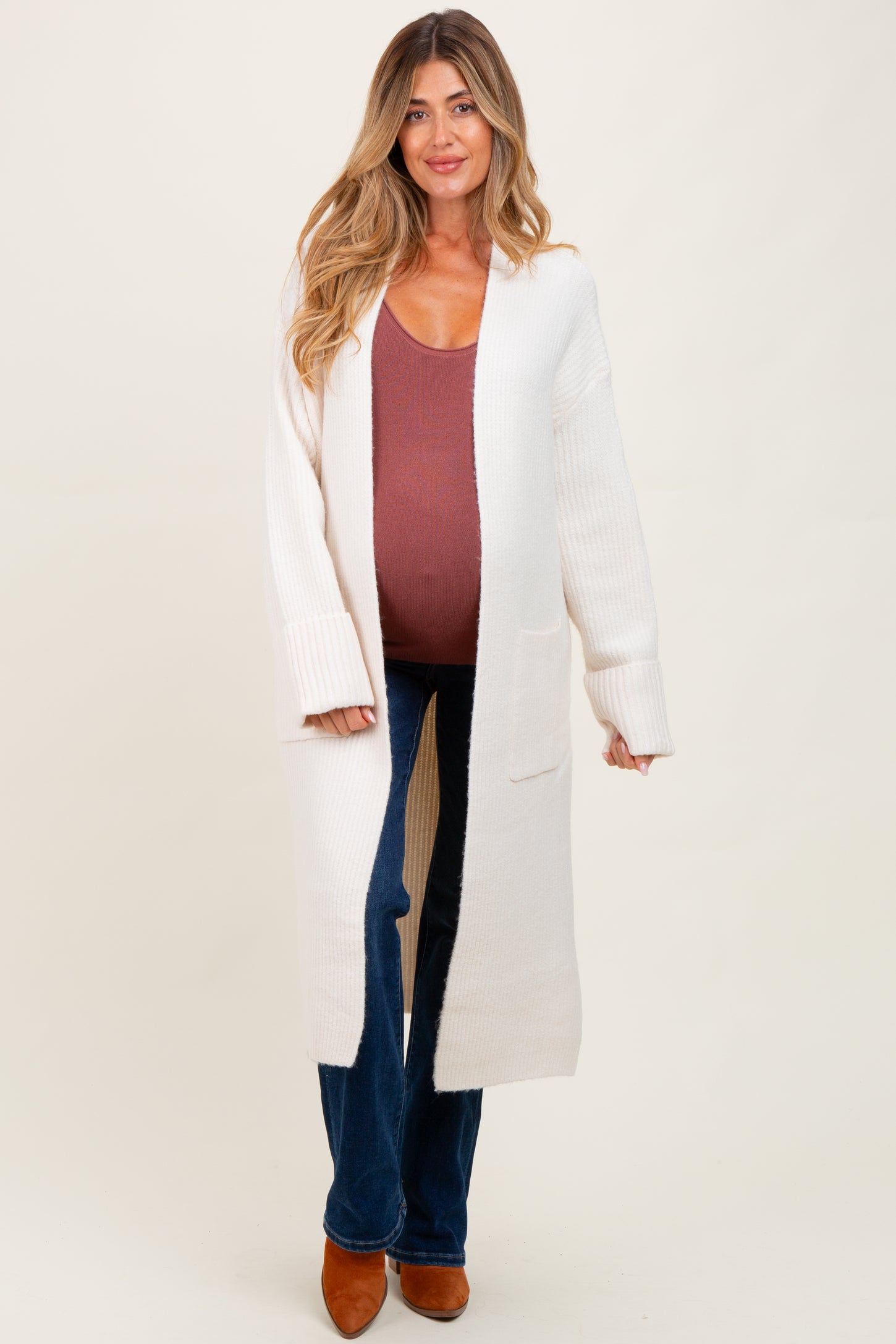 Ivory Ribbed Chunky Knit Long Oversized Maternity Cardigan