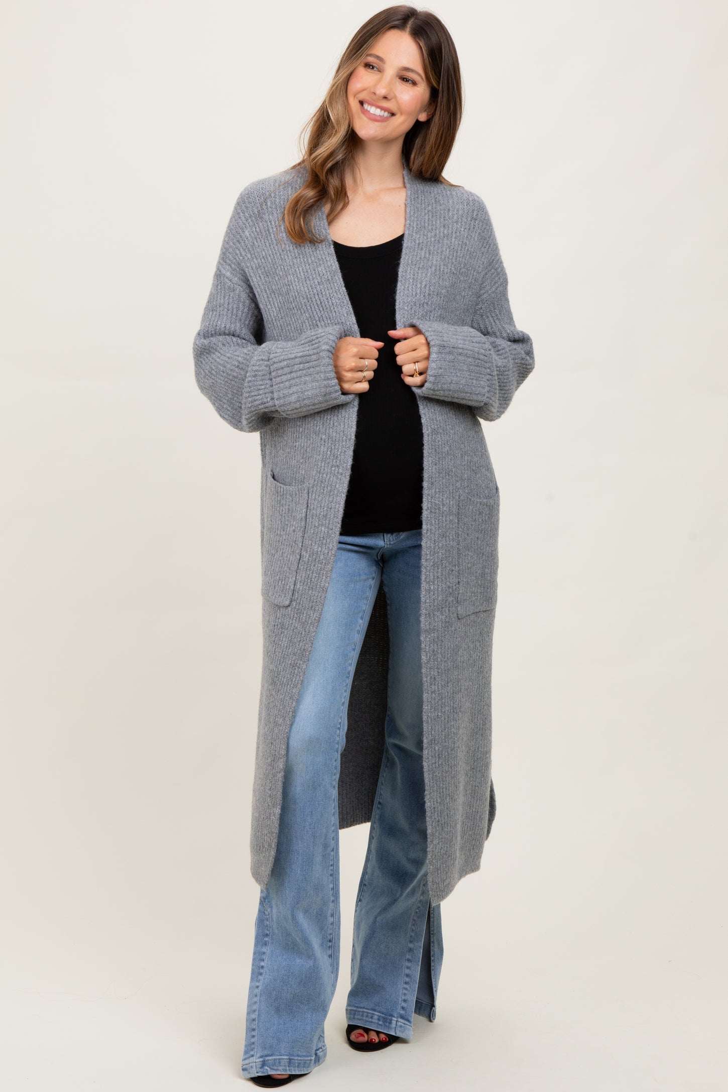 Grey Ribbed Chunky Knit Long Oversized Maternity Cardigan