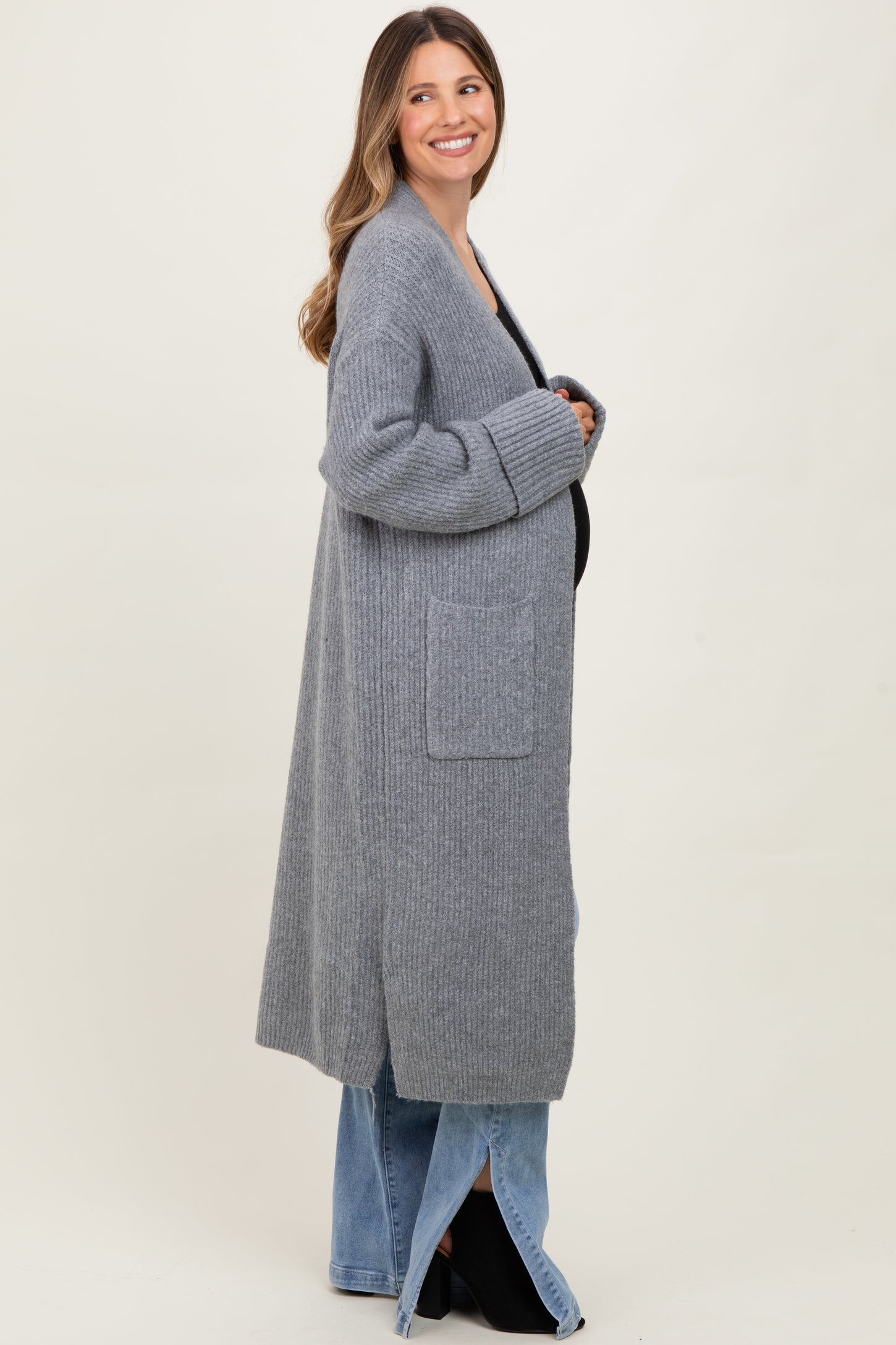 Grey Ribbed Chunky Knit Long Oversized Maternity Cardigan