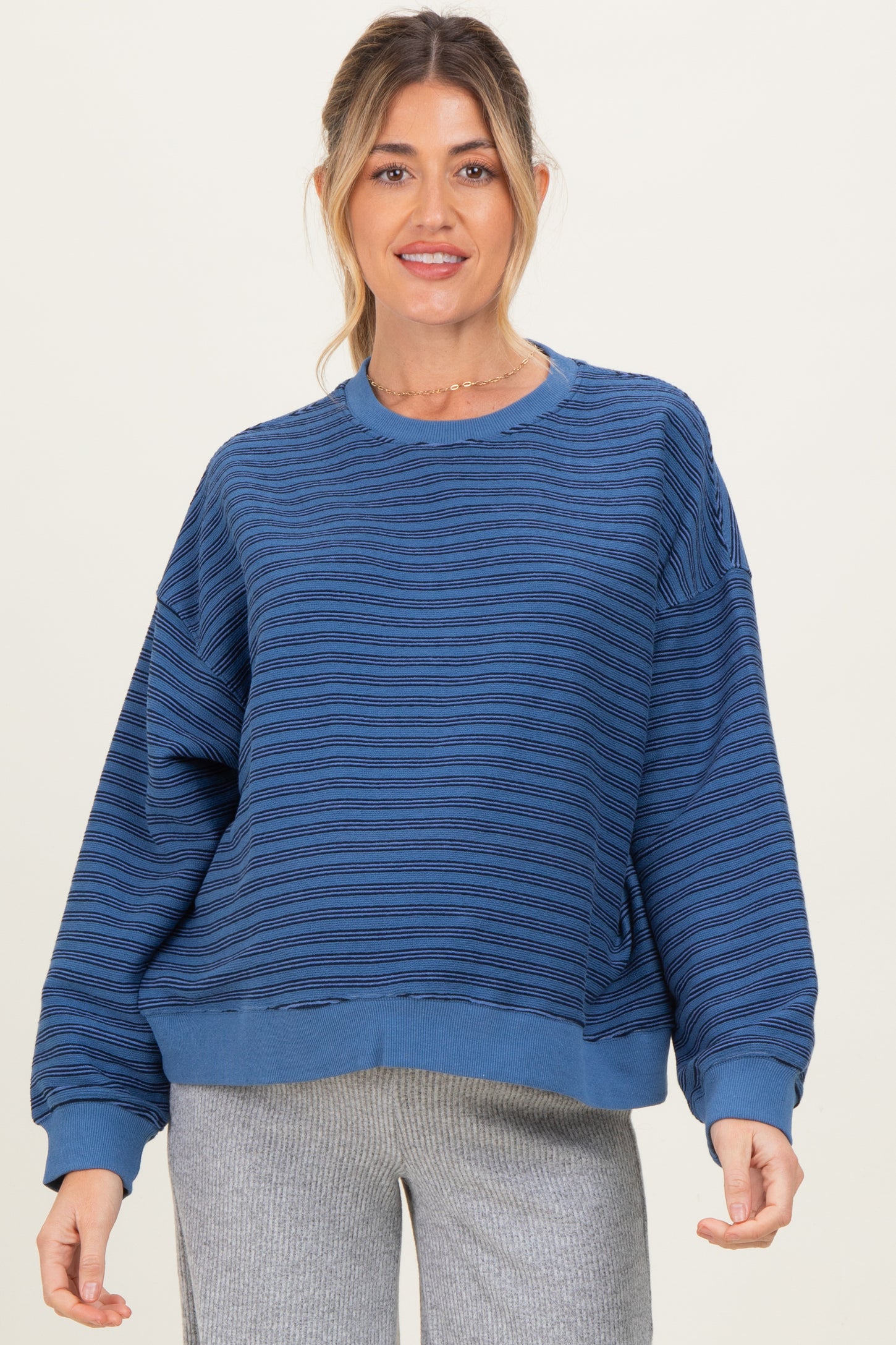 Blue Striped Knit Relaxed Fit Maternity Pullover