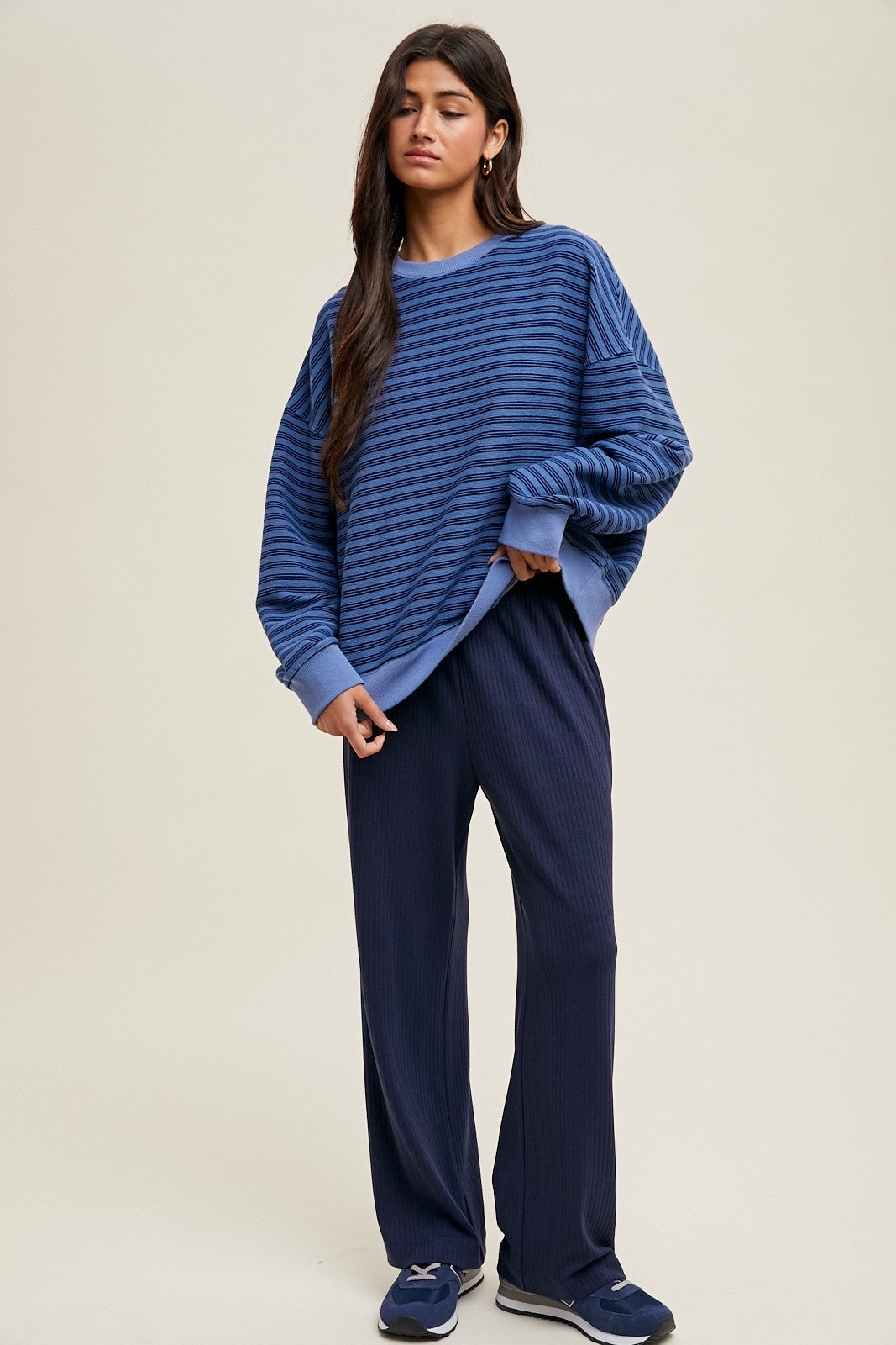 Blue Striped Knit Relaxed Fit Pullover
