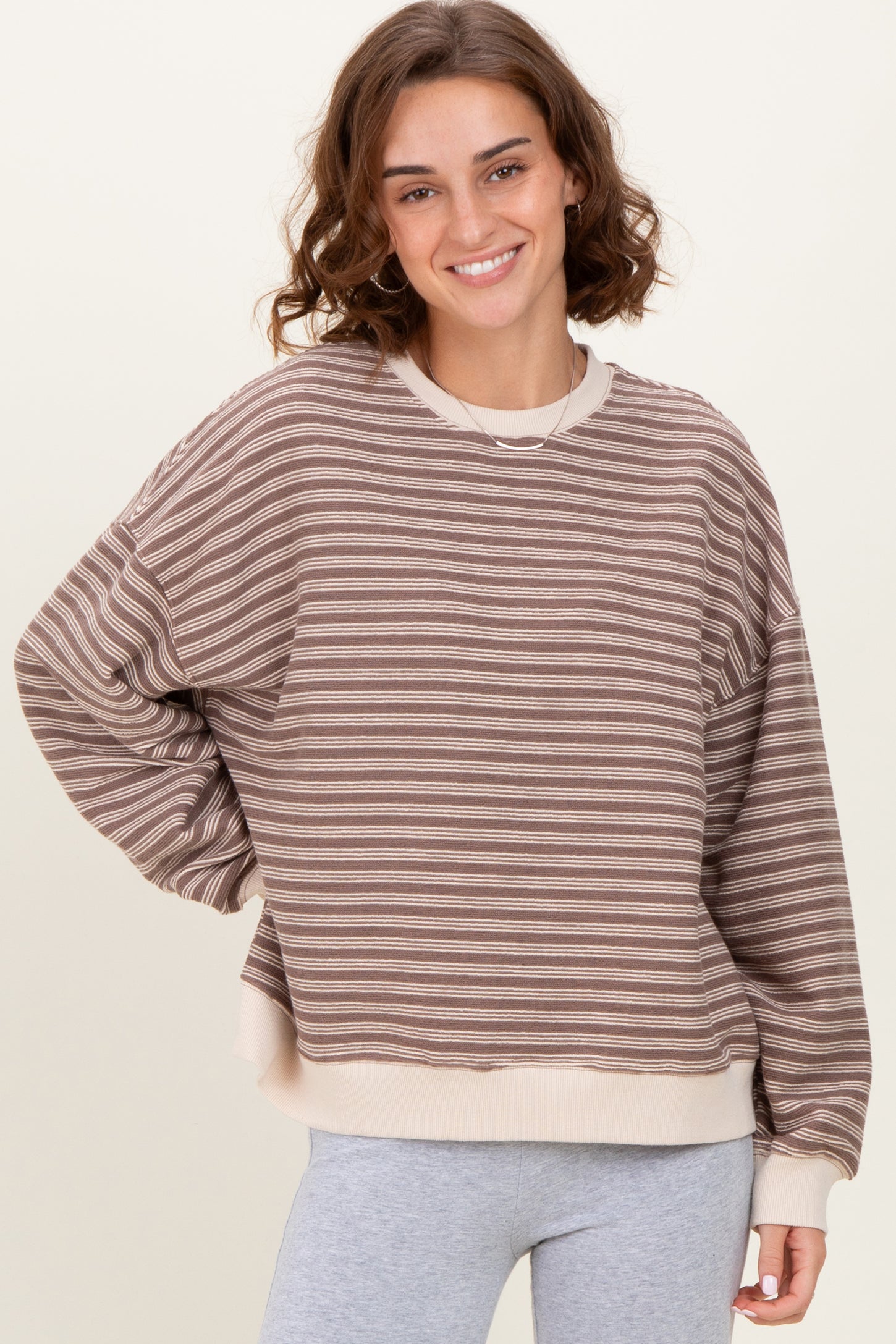 Mocha Striped Knit Relaxed Fit Pullover