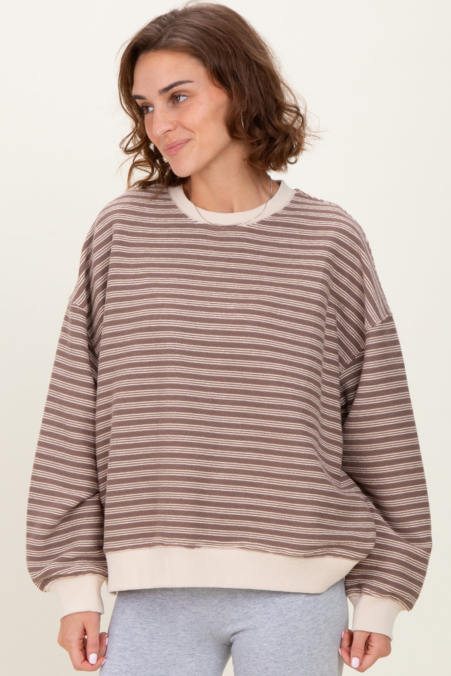 Mocha Striped Knit Relaxed Fit Pullover
