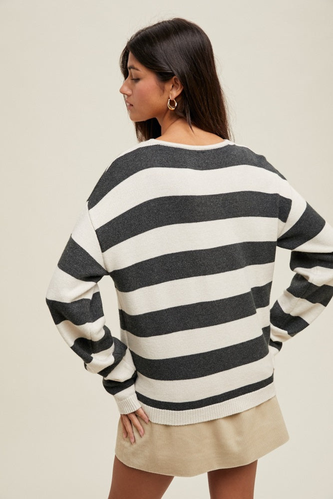 Charcoal Faux Layer Striped Knit Sweater