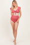 Pink Ribbed Ruffle Shoulder Front Tie High Waist Two-Piece Maternity Swimsuit