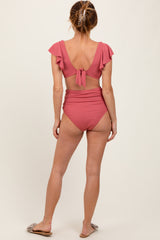 Pink Ribbed Ruffle Shoulder Front Tie High Waist Two-Piece Swimsuit