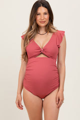 Pink Ribbed Cutout Flutter One Piece Maternity Swimsuit
