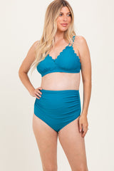 Teal Scalloped V-Neck High Waist Two-Piece Maternity Swimsuit