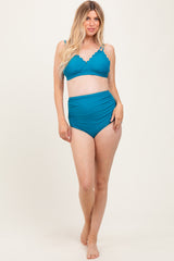 Teal Scalloped V-Neck High Waist Two-Piece Maternity Swimsuit