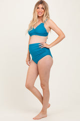 Teal Scalloped V-Neck High Waist Two-Piece Maternity Swimsuit
