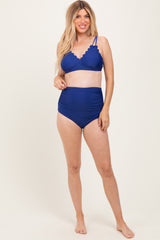 Navy Scalloped V-Neck High Waist Two-Piece Maternity Swimsuit
