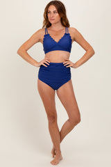 Navy Scalloped V-Neck High Waist Two-Piece Swimsuit