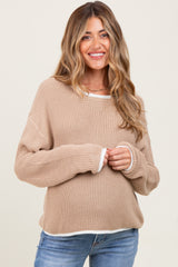 Taupe Contrast Trim Maternity Sweater