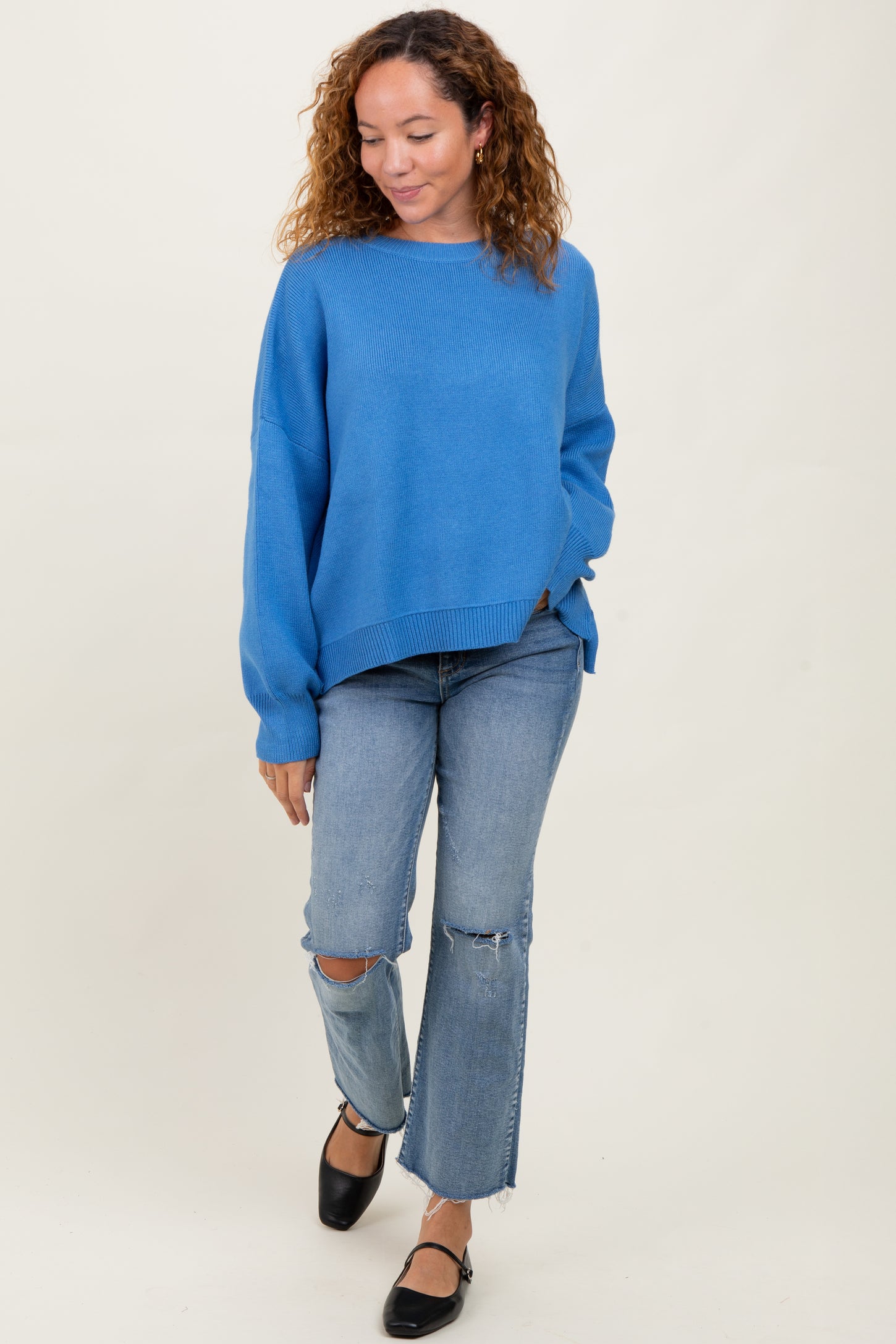 Blue Drop Shoulder Relaxed Fit Sweater