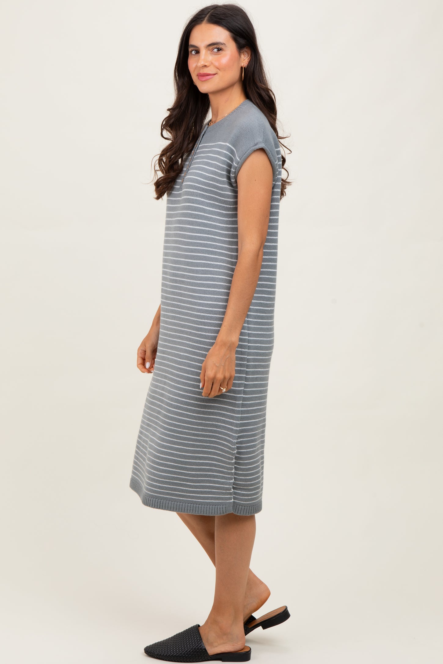 Grey Striped Knit Button Detail Midi Dress