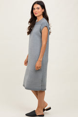 Grey Striped Knit Button Detail Midi Dress
