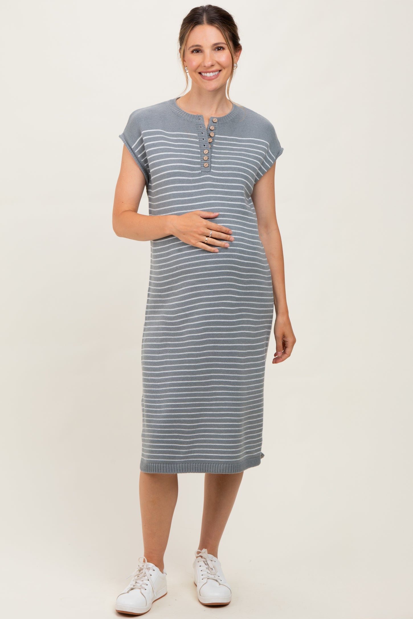 Grey Striped Knit Button Detail Maternity Midi Dress